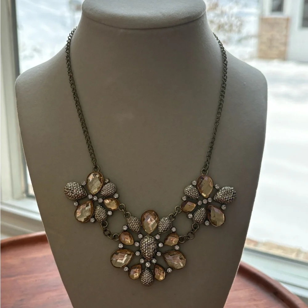 Statement Cluster Floral Necklace Bronze Tone Amber Crystals